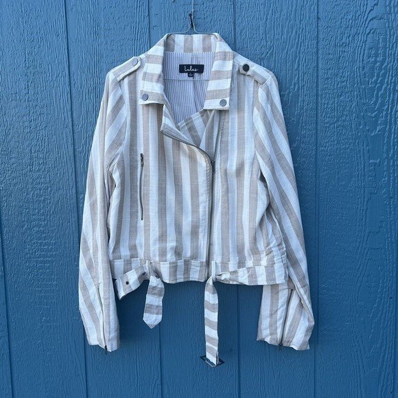 Lulu’s Vacation Signature Taupe and Ivory Striped Belted Moto Jacket Large NEW - Picture 5 of 14